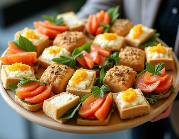 A beautiful large platter of assorted mini-sandwiches and pastries for a catering event.