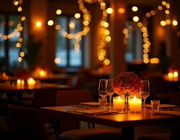 The cafe interior set up for a private evening event with string lights and candles.