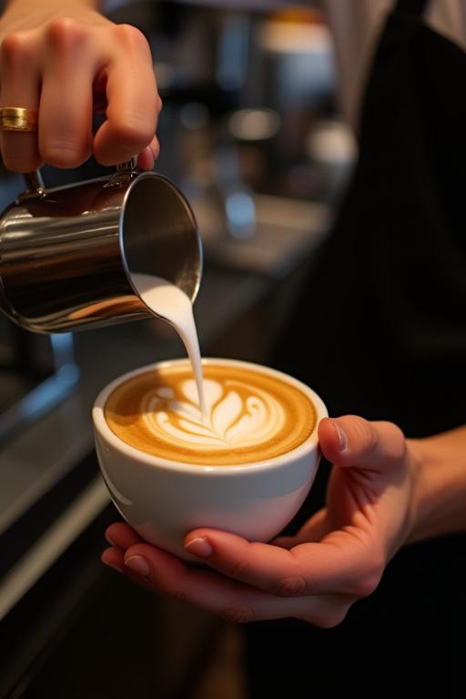 A barista carefully pouring steamed milk to create latte art.