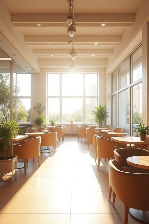 The bright and airy interior of Tide & Thyme Cafe with sunlight streaming in.