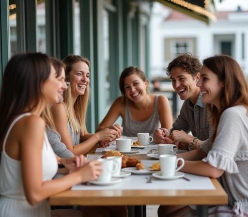 A group of friends laughing and enjoying coffee at an outdoor table.